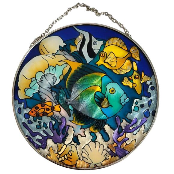 Joan Baker Designs Suncatcher Hand Painted Blue Yellow Tropical Fish Coral READ - Picture 1 of 14